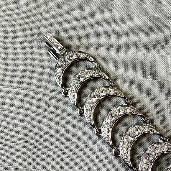 Vintage Monet Silver Tone Crescent Moon Rhinestone Bracelet - Picture 8 of 10
